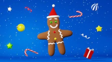Noel Baba şapkalı zencefilli kurabiye adam kar 3D animasyon mavi arka plan. Xmas partisi reklamı. Yeni yıl tebrik kartı şenlikli kış tatili web sitesi ekran koruyucu şeker kamışı süslemeleri 4K