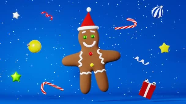 Weihnachtsgebäck Lebkuchenmann Mit Weihnachtsmütze Schnee Animation Blauer Hintergrund Werbung Für — Stockvideo