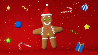Noel Baba şapkalı zencefilli kurabiye adam kar 3D animasyon kırmızı arka plan. Xmas partisi reklamı. Yeni yıl tebrik kartı şenlikli kış tatili web sitesi ekran koruyucu şeker kamışı süslemeleri 4K