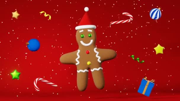 Vánoční Cukroví Perník Muž Santa Klobouk Sníh Animace Červené Pozadí — Stock video