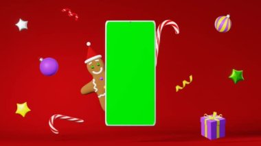 Noel kurabiyeli zencefilli Noel Baba şapkası 3D animasyon kırmızı arka planda uçuyor. Xmas tanıtım reklamı. Yeni yıl indirimi pankart şablonu sunar. Şenlikli kış tatili gösterisi