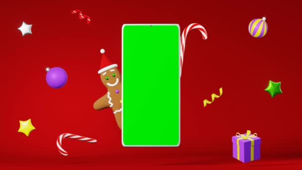 Smartphone Mockup Christmas Cookie Gingerbread Man Santa Hoed Zwevende Animatie — Stockvideo