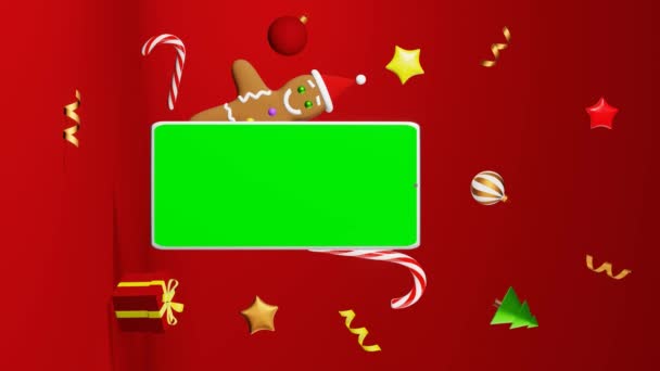 Смартфон Висміює Різдвяного Печива Gingerbread Man Santa Hat Levitating Vertical — стокове відео