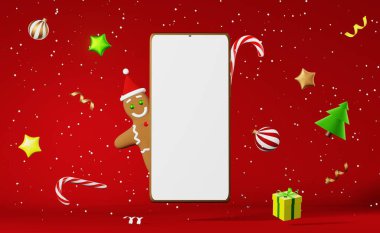 Noel kurabiyesinin akıllı telefon modeli zencefilli Noel Baba şapkası havada uçuşan 3 boyutlu kırmızı arka plan. Xmas tanıtım reklamı. Yeni yıl indirimi pankart şablonu sunar. Şenlikli kış tatili gösterisi