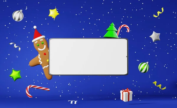 Smartphone Mockup Biscoito Natal Gingerbread Man Papai Noel Chapéu Levitação — Fotografia de Stock