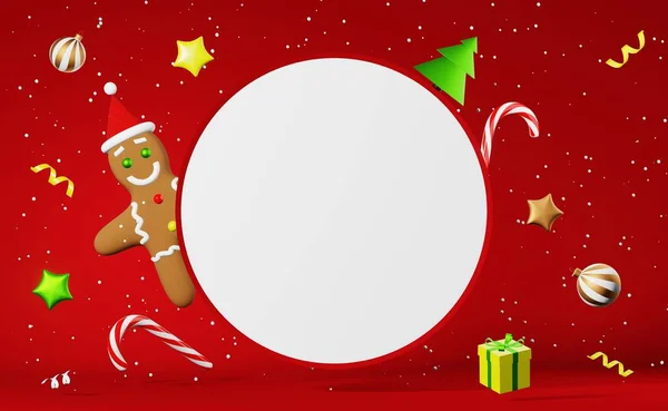 Weihnachten Runde Attrappe Lebkuchen Mann Cookie Weihnachtsmütze Geschenk Schwebt Rendering — Stockfoto