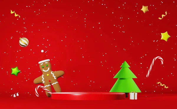 Weihnachten Podium Bühne Produkt Demonstration Lebkuchen Mann Weihnachtsmann Hut Geschenk — Stockfoto