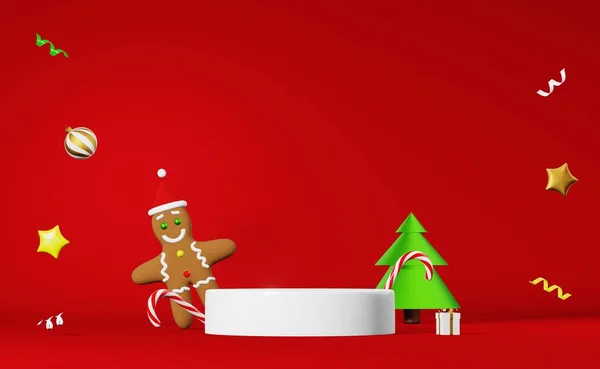 Vánoční Pódium Etapa Produktu Demonstrace Perník Muž Santa Klobouk Dárek — Stock fotografie