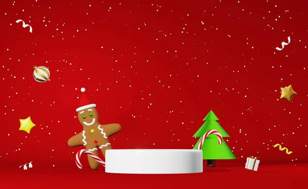 Christmas podium stage product demonstration Gingerbread man Santa hat gift levitating 3d rendering red background. Xmas promo advertisement. New Year sale template. Festive winter holiday promotion.