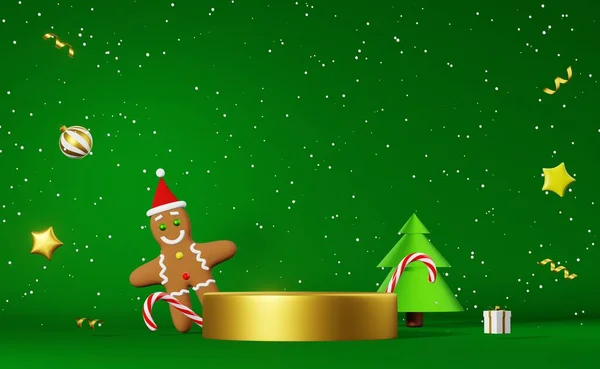 Vánoční Pódium Etapa Produktu Demonstrace Perník Muž Santa Klobouk Dárek — Stock fotografie