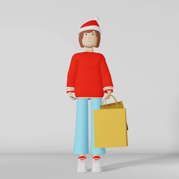 3D文字女の子クリスマスショッピングバッグホワイト背景レンダリング サンタ ハットのスマートフォンモールの若い女性 ファッションショップ価格割引広告プロモーションバナーデザイン ホリデースペシャルプレゼント — ストック写真