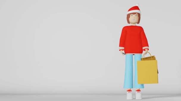 Postać Dziewczyna Boże Narodzenie Prezent Torba Pętla Animacja Białe Tło — Wideo stockowe