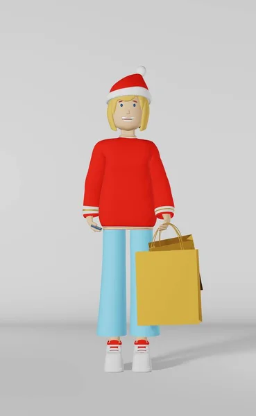 3D人物女孩圣诞购物袋白色背景渲染 在圣诞帽智能手机商场的年轻女人时装店打折广告促销横幅设计 节日特价礼品 — 图库照片