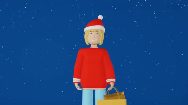 Character Girl Christmas Gift Shopping Bag Loop Animation Snow Blue — Stock Video