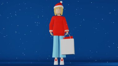 Noel hediyesi alışveriş çantası 3D karakter kız döngüsü animasyon 4K kar mavisi arka plan. Alışveriş merkezinde akıllı telefon alan kadın. Moda mağazası indirimli reklam afişi tasarımları. Tatil için özel teklif.