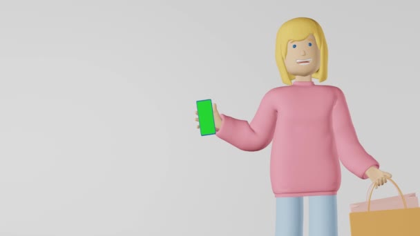 Charakter Mädchen Einkaufstasche Weißer Hintergrund Schleife Animation Blonde Junge Frau — Stockvideo