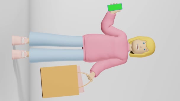 Персонаж Дівчина Сумка Покупок Мобільних Вертикальних Циклів Анімації Блондинка Молода — стокове відео