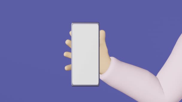 携帯電話の紫の背景3Dアニメーションを保持しています スマートフォン画面モックアップブランクガジェット表示アプリのデザインお金の転送電子財布支払い オンラインショッピング販売広告プロモーションバナー — ストック動画