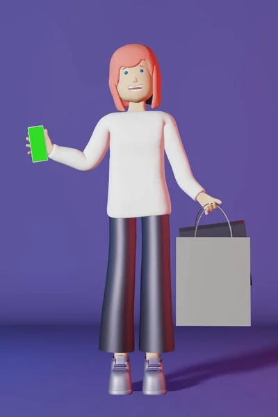Postać Dziewczyna Zakupy Torba Fioletowy Tło Renderowania Różowłosa Kobieta Smartfon — Zdjęcie stockowe