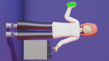 3D karakter kız alışveriş çantası hareketli dikey döngü animasyonu. Pembe saçlı genç kadın akıllı telefon kroma ekran modeli. Moda mağazası indirimli reklam promosyonu tasarımı. Tatil hediyeleri alınır.