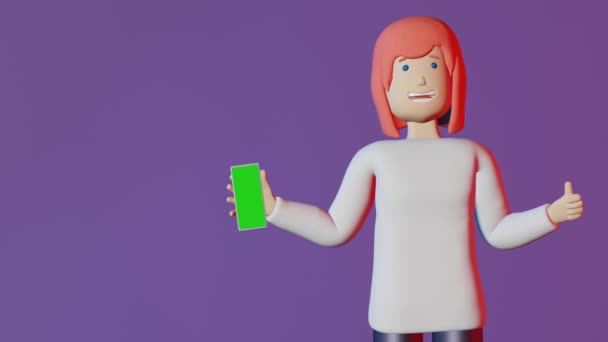女の子は紫色の背景3Dアニメーションループを携帯電話の親指を保持しています スマートフォンの画面モックアップ空白のガジェットの表示アプリのデザイン 送金オンライン決済オンラインショッピング販売広告バナー — ストック動画