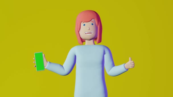Flicka Håller Mobiltelefon Tummen Upp Gul Bakgrund Animation Loop Smartphone — Stockvideo