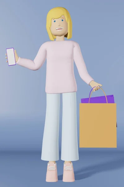 Karaktär Flicka Shopping Väska Lila Bakgrund Återgivning Blond Ung Kvinna — Stockfoto
