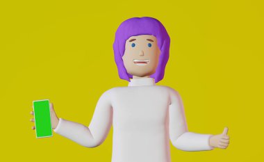 Blogcu kız mor saçlı akıllı telefon sarı arka plan 3D görüntüleme. Cep telefonu ekran uygulaması sosyal medya yaratıcı reklam tasarım aygıtı görüntüsü. İnternetten alışveriş. Müşteri geribildirimi.