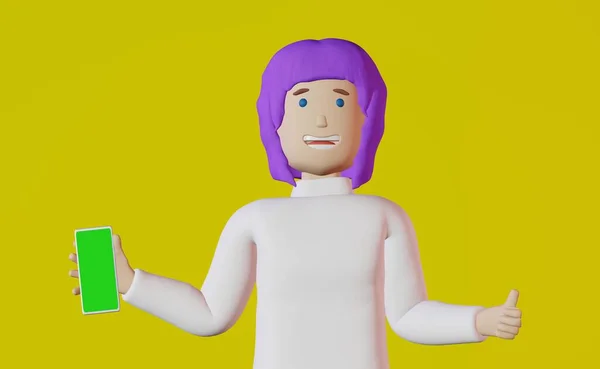 ブロガーの女の子紫色の髪のスマートフォン親指アップ黄色の背景3Dレンダリング 携帯電話の画面アプリのモックアップソーシャルメディアクリエイティブ広告デザインガジェットの表示 オンラインショッピング 顧客フィードバック — ストック写真