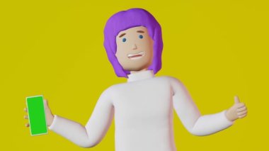 Blogcu kız mor saçlı akıllı telefon sarı arka plan 3D animasyonu. Cep telefonu ekran modeli sosyal medya yaratıcı reklam tasarım aleti görüntüsü. Çevrimiçi alışveriş müşteri geribildirimi