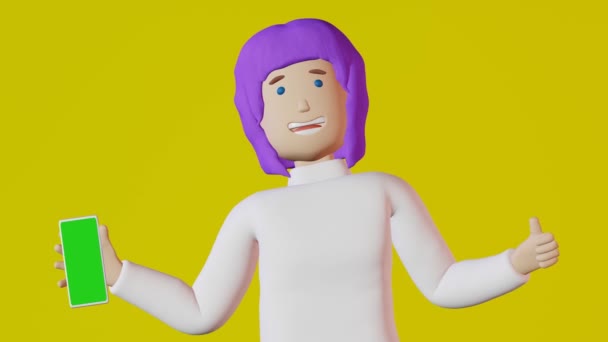 ブロガーの女の子紫色の髪のスマートフォン親指アップ黄色の背景ループ3Dアニメーション 携帯電話の画面のモックアップソーシャルメディアの創造的な広告デザインのガジェットの表示 オンラインショッピング顧客からのフィードバック — ストック動画