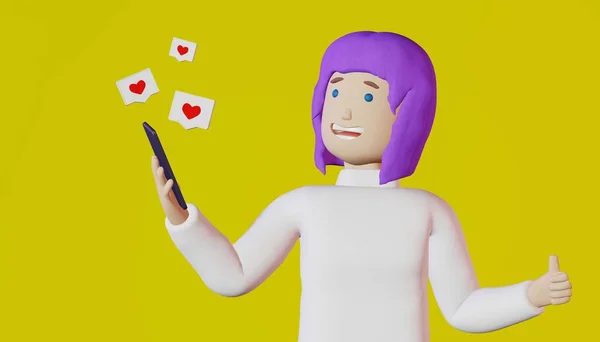 博客女孩紫色头发视频呼叫智能手机大拇指向上黄色背景3D渲染 社交媒体发布手机小工具应用创意广告设计 订户的积极反馈 — 图库照片