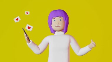 Blogcu kız mor saçlı akıllı telefon sarı arka plandaki 3D animasyonu seviyor. Cep telefonu sosyal medya yayını yaratıcı reklam tasarımı. Pozitif aboneler geri bildirim blogları 4K