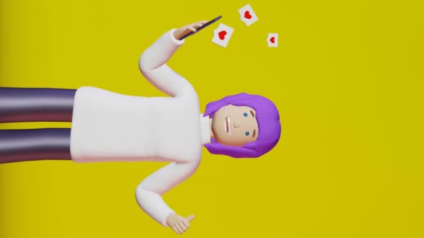 ブロガーの女の子紫色の髪のスマートフォンは 黄色の背景垂直ループ3Dアニメーションを親指アップが好き 携帯電話ソーシャルメディア投稿出版クリエイティブ広告デザイン 購読者からのフィードバック Blog — ストック動画