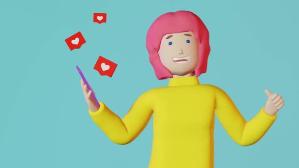 ブロガーの女の子ピンクの髪のスマートフォンは 親指アップ青の背景ループ3Dアニメーションが好きです 携帯電話ソーシャルメディアの投稿出版物 クリエイティブ広告デザイン お客様からのフィードバック Blog — ストック動画
