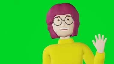 Smiling 3d character cartoon girl glasses waving hand greeting 3d animation loop chroma key background. Friendly happy young woman blogger purple hair yellow sweatshirt says Hello Welcome to newbies