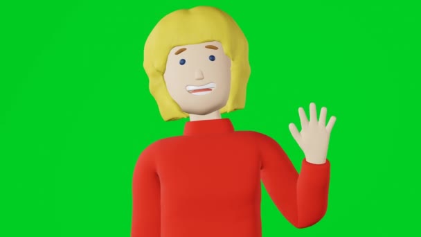 Smiling Character Cartoon Girl Waving Hand Greeting Animation Loop Chroma — Stock video