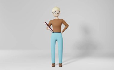 Gülümseyen sarışın kız çalışan gözlüğü 3D UI UX tasarım pankartı. Çevrimiçi eğitim öğrencisi, serbest çalışan, çizgi film karakteri, iş kadını, beyaz arka plan. Sosyal medya profili.