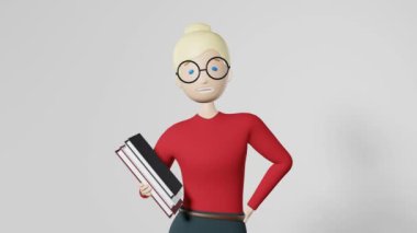 Smiling blond girl employee glasses 3D loop animation UI UX design 4K. Freelance worker Studying online education student. Cartoon character manager business woman white collar portrait. We are hiring