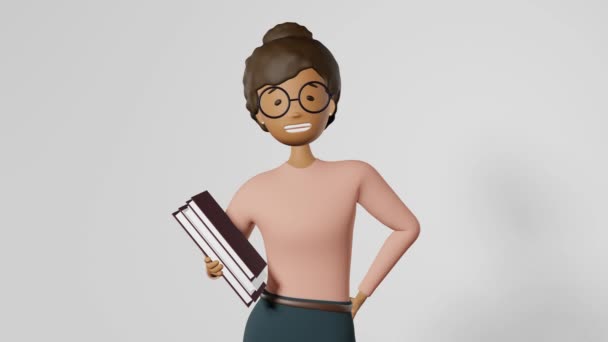 Smiling African American Girl Employee Glasses Books Animation Looped Freelance — Stock Video
