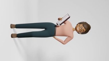 Gülümseyen Afrikalı Amerikalı kız gözlük, dikey 3D animasyon 4K Freelance çalışanı, eğitim öğrencilerini inceliyor. Çizgi film, çok ırklı iş kadını, beyaz arka plan.