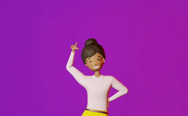 微笑的非裔美国女孩手指空隙设计霓虹灯紫色背景3D渲染 卡通片多民族角色年轻女子指着手抄本空间 销售模板 — 图库照片