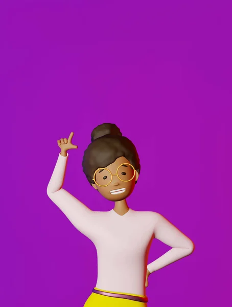 微笑的非裔美国女孩手指空隙设计霓虹灯紫色背景3D渲染 卡通片多民族角色年轻女子指着手抄本空间 销售模板 — 图库照片