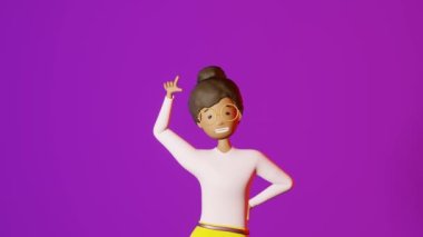 Smiling African American girl finger points empty space for advertisement design neon purple background 3D animation. Cartoon multiethnic character young woman pointing hand copy space. Sale template