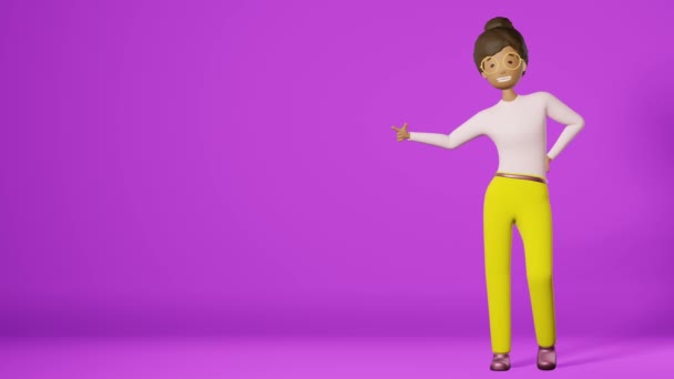 Улыбающаяся Афроамериканка Указывает Пустое Место Рекламного Дизайна Неонового Фиолетового Фона — стоковое видео