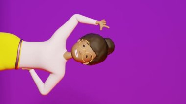 Gülümseyen Afro-Amerikan kız parmakları, dikey mor arka planda, uzay reklam tasarımı neon ışığının üç boyutlu animasyonunu gösteriyor. Çizgi film, etnik çeşitlilikte genç bir kadın, indirimli şablon satıyor.