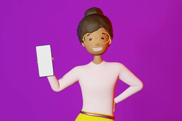 Lächelnde Afroamerikanische Mädchen Smartphone Attrappe Lila Hintergrund Rendering App Design — Stockfoto
