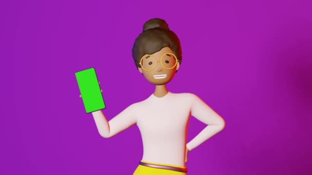 Gülümseyen Afro Amerikan Kız Akıllı Telefon Modelleme Mor Arka Plan — Stok video