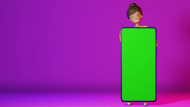 快乐的非裔美国女孩大型智能手机模仿紫色背景3D动画应用程序的设计 学习教育学生卡通多种族角色博客女性小玩艺儿荧幕展示 — 图库视频影像