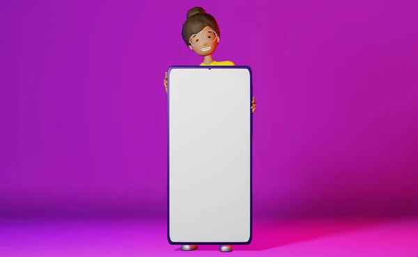 幸せなアフリカ系アメリカ人の女の子の大きなスマートフォンのモックアップネオン紫の背景3Dレンダリングアプリのデザイン フリーランスの仕事勉強広告漫画多民族文字学生ブロガーの女性のガジェット画面 — ストック写真